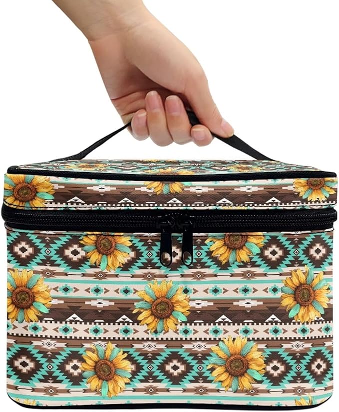 Drydeepin Navajo Aztec Tribal Sunflower Pattern Travel Makeup Bags for Women Portable Tote Cosmetic Case with Carry Handle Toiletry Accessories Storage Organizer Bags