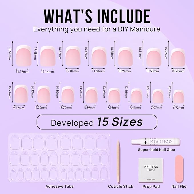 BTArtbox Press On Nails, Silken Halo, Short Square, White French Tip, 32Ct