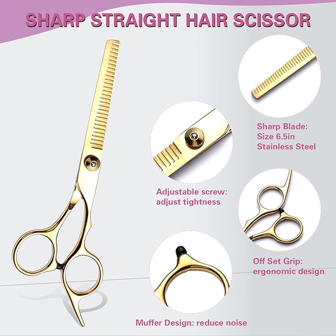 EOIFIV 11PCS Hair Cutting Scissors Kit, Professional Haircut Scissors with Stainless Steel Hair Shears, Thinning Shears, Haircut Accessories in Leather Case for Salon/Home (Gold)