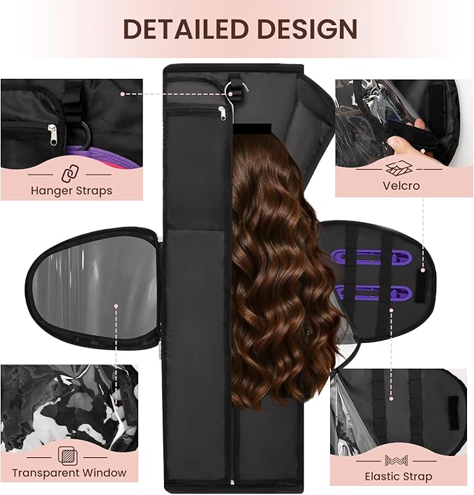 Wig Storage Bag Holds 3 Wigs Hair Tools Travel Bag Full-Open Breathable Organizer Case for Clips, Hair Dryer, Flat Curling Iron Brushes,Cosmetic Toiletry Tote Valentine's Gift for Women Stylist