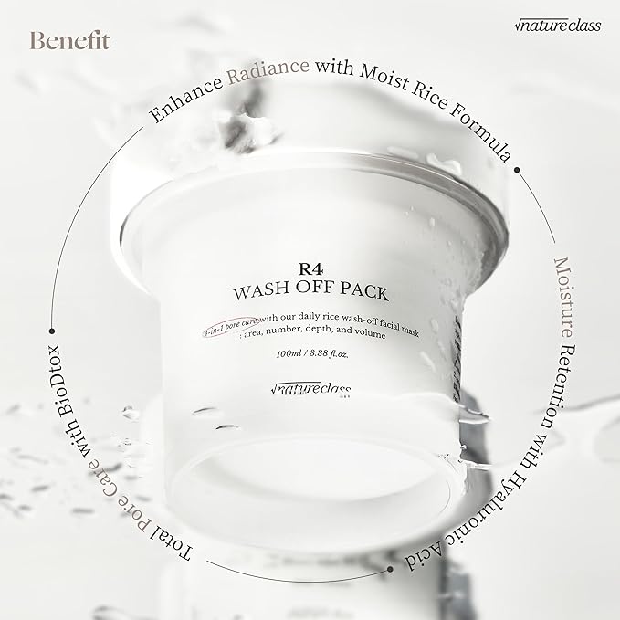 NATURECLASS R4 Rice Wash Off Facial Mask – 4-in-1 Korean Skin Care, Pore Refining, Gentle Exfoliating, Hydrating, Smooth Texture, Rice Ferment & Enzyme, Soft Cream Wash-Off, 3.38 fl oz