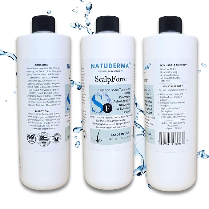 Natuderma Scalpforte Hair and Scalp Tonic with Biotin & Panthenol for Thicker-Looking Hair, Serum for Hydrodermabrasion Machine to Cleanse, Hydrate and Moisturize the Scalp (16 Oz)