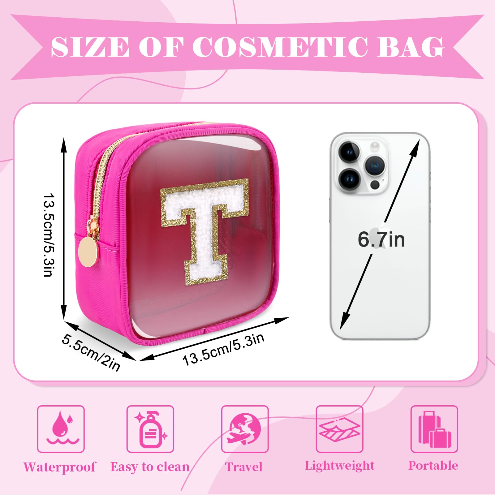 Personalized Initial Letter Clear Preppy Makeup Bag,Mini Nylon Chenille Letter Cosmetic Bag Cute Zipper Pouch Coin Purse for Teen Girls,Portable TSA Approved Travel Essentials Bag Gift for Women,T