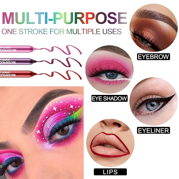 Meilury 7 Colorful Eyeliner Pen Set, Eye Shadow Pencil, Pearl Eyeliner Kit Metallic Glitter Colored Eye liner for Women Eye&Lip Liner Professional Waterproof Eye Makeup (7PCS C)