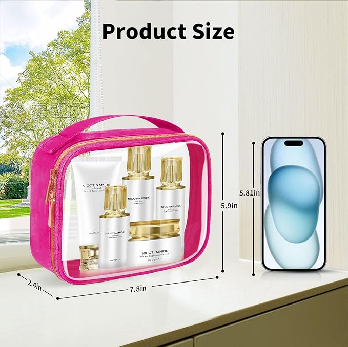 FAYORORY TSA Approved Travel Toiletry Bag,3 Pack Clear Makeup Bags with Handles,Quart Size Clear Cosmetic Bags for Traveling Women,Men,Carry on Airport Airline Compliant Bag,Rose Red