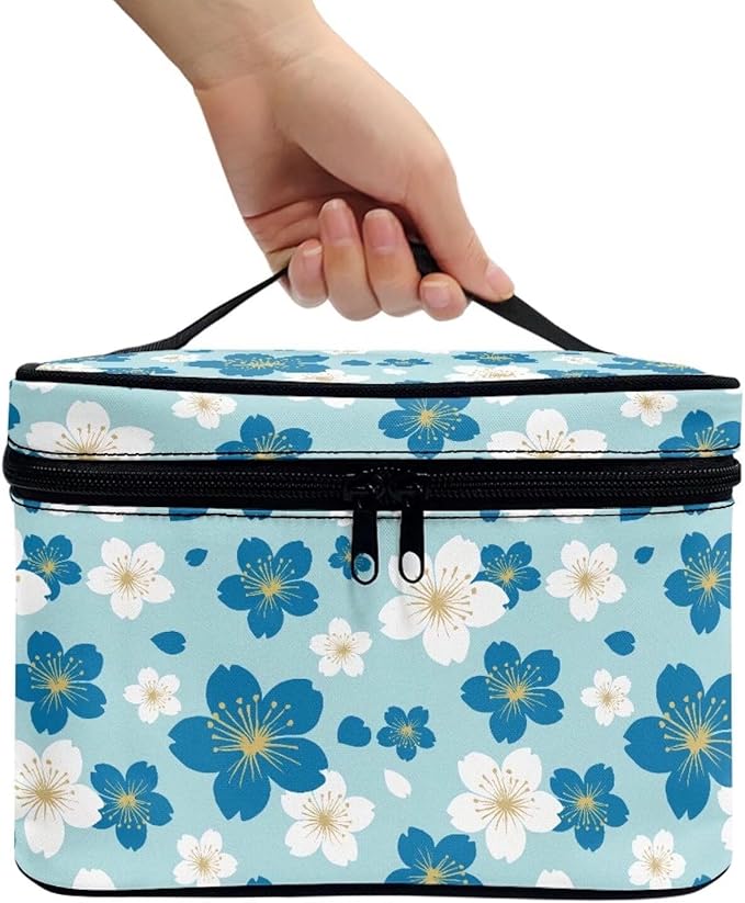Drydeepin Blue White Cherry Blossom Pattern Travel Makeup Bags for Women Portable Tote Cosmetic Case with Carry Handle Daisy Floral Toiletry Accessories Storage Organizer Bags