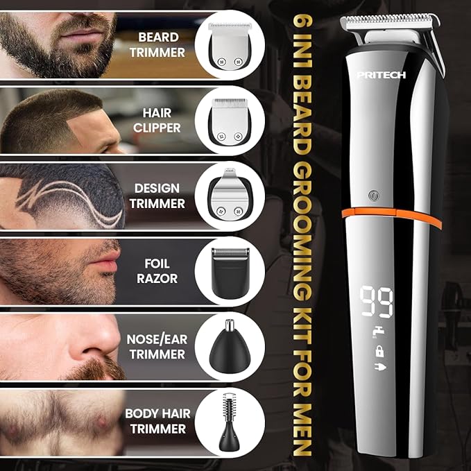 PRITECH Men's Grooming Kit, 6-in-1 Beard Trimmer & Hair Clipper, Cordless