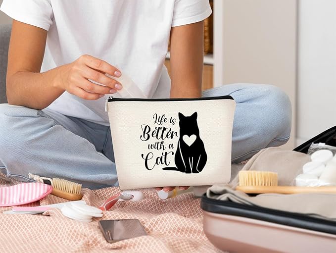 BARPERY Cat Mom Gifts: Makeup Bag for Women, Perfect for Birthday or Valentine's Day, Life's Better with Cats