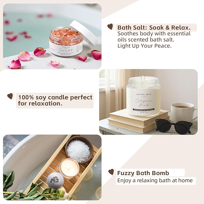 Natural Amor Spa Gift Set for Women 6 PCS– Relaxation Kit with Handmade Soap, Bath Bombs, Candle, Christmas Gift Box for Her, Self Care Birthday Gifts