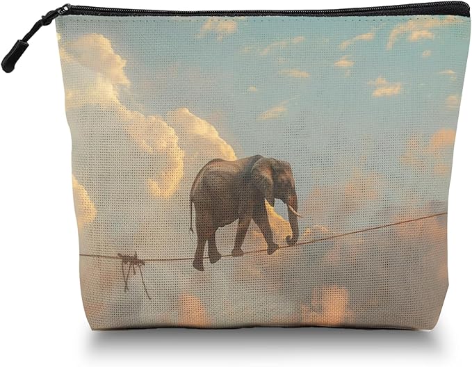 Scribesense Cosmetic Bags Travel Makeup Toilet Case Waterproof Pouch for Women Girls 6.7X9.45inches - Elephant'S Aerial Adventure on A Thin Rope