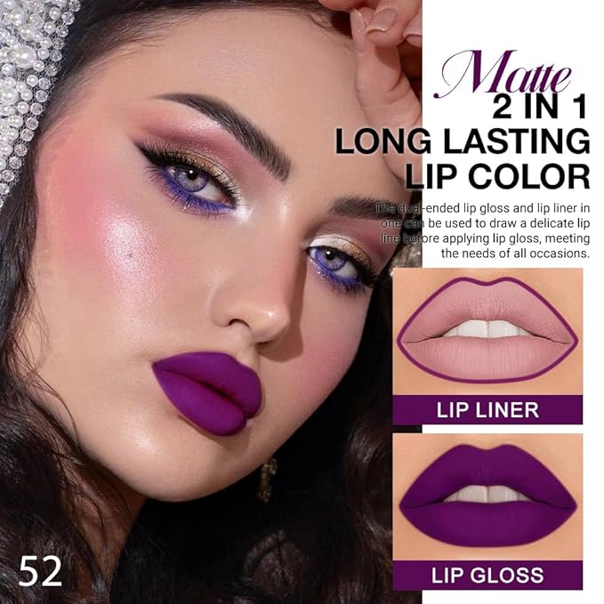 IATMOMOD 1Pcs 2 in 1 Purple Matte Lip Liner and Liquid Lipstick Stain Makeup Set for women, Purple Long Lasting Smudge Proof Lip Tint Matte Finish Lip Gloss for All-Day Color Hold Easy to Use 52#