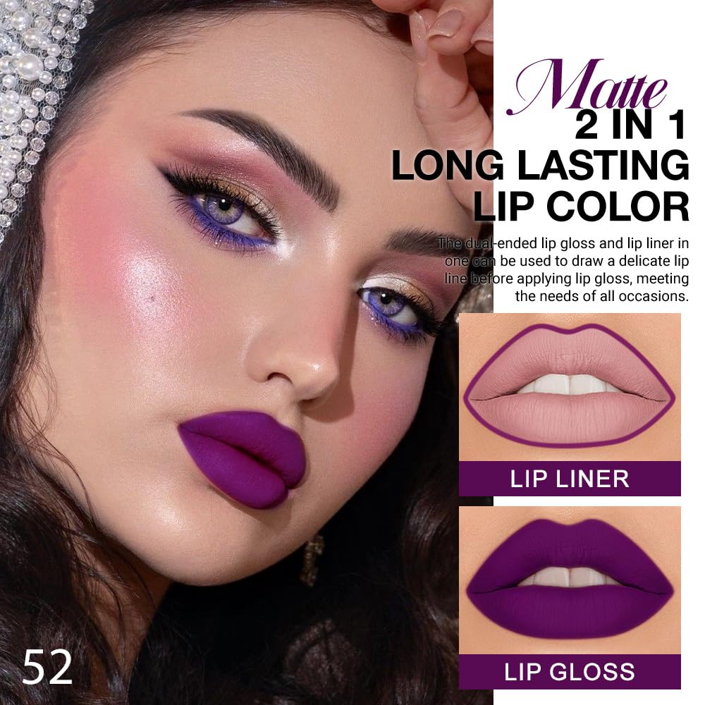 IATMOMOD 1Pcs 2 in 1 Purple Matte Lip Liner and Liquid Lipstick Stain Makeup Set for women, Purple Long Lasting Smudge Proof Lip Tint Matte Finish Lip Gloss for All-Day Color Hold Easy to Use 52#