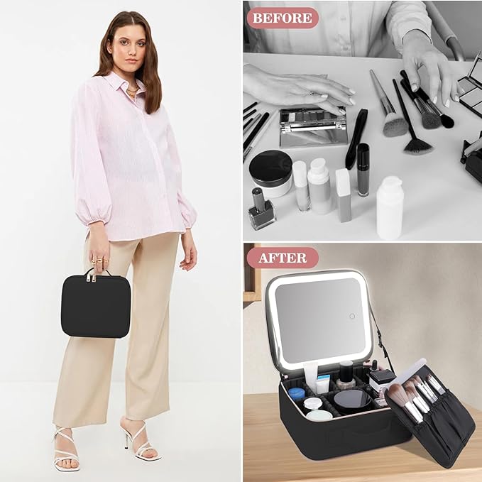 Comeacross Makeup Case with LED Mirror,Makeup Organizer Bag Travel Makeup Case Large Makeup Bag With Rechargeable Mirror 3 Color Lights Detachable Mirror for Women Beauty Tools Accessories（Black）