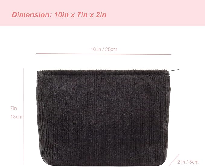 Flat Makeup Bag for Women,Zipper Cosmetic Pouch for Purse,Corduroy Black