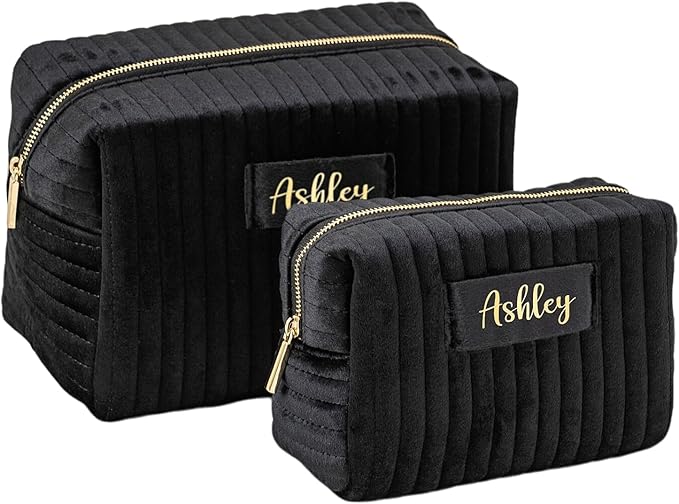 Snirov Personalized Makeup Bag, Black Velvet Custom Name Travel Makeup Bag for Women Teen Girls Birthday Gifts Mothers Day Gifts for Mom