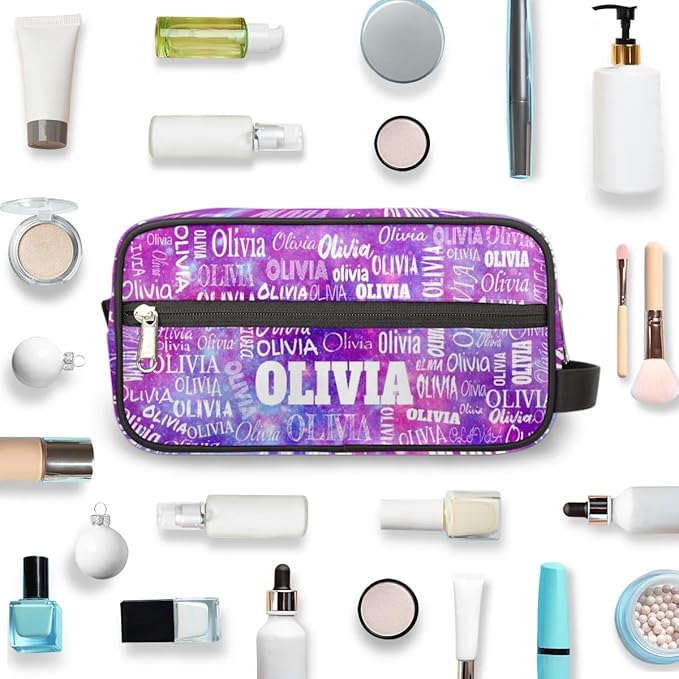 KFNHN Custom Large Travel Cosmetic Bag with Name, Watercolor Purple Galaxy