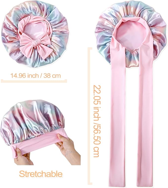 GDTOGRT Satin Silk Bonnet for Sleeping Women, Double Layer Sleep Hair Bonnets Caps for Curly Natural Hair with Tie Band - Aura