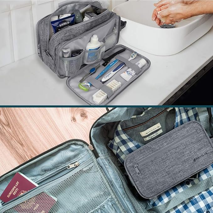 PAVILIA Toiletry Bag for Men, Travel Toiletries Bag | Water-resistant Dopp Kit, Shaving Pouch Organizer for Accessories, Cosmetic, Hygiene, Grooming Essentials (Heather Grey)