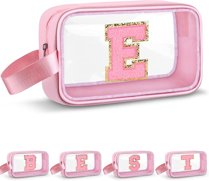 Vodolo Initial Makeup Bag,Letter E Cute Clear Monogrammed Cosmetic Travel Bag for Womens Girls,Personalized Pink Aesthetic Traveling Make Up Organizer Bag for Beach,Waterproof Toiletry Bag