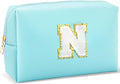 URSKYTOUS Gifts for Girls Initial Makeup Bag Personalized Cosmetic Bag with Zipper Cute Travel Toiletry Bag Waterproof PU Preppy Makeup Pouch Birthday Gift for Teen Girls Women(Blue N)