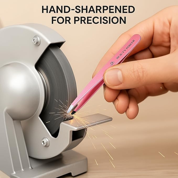 Beauty Power Tweezers for Women Facial Hair: Ultra Precision Tweezers for Women & Men, Sharp Slant Tweezer for Eyebrows, Ingrown Hair Removal. Professional Plucker, German Stainless Steel (Pink)