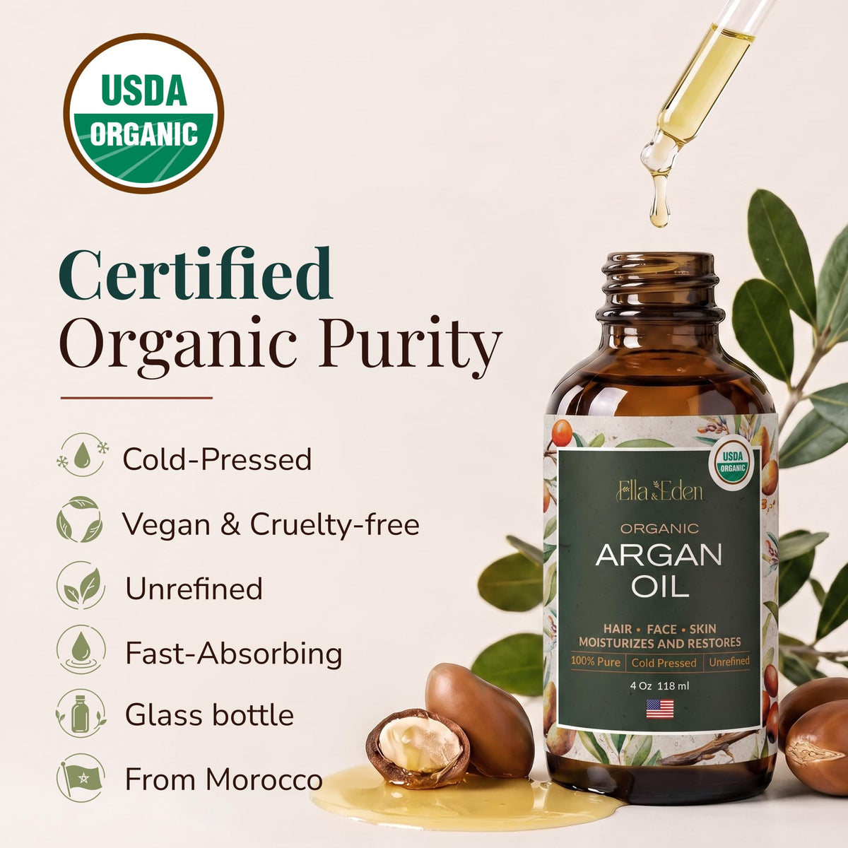 Organic Argan Oil for Hair, Face & Skin, 100% Pure USDA Certified 4 Oz