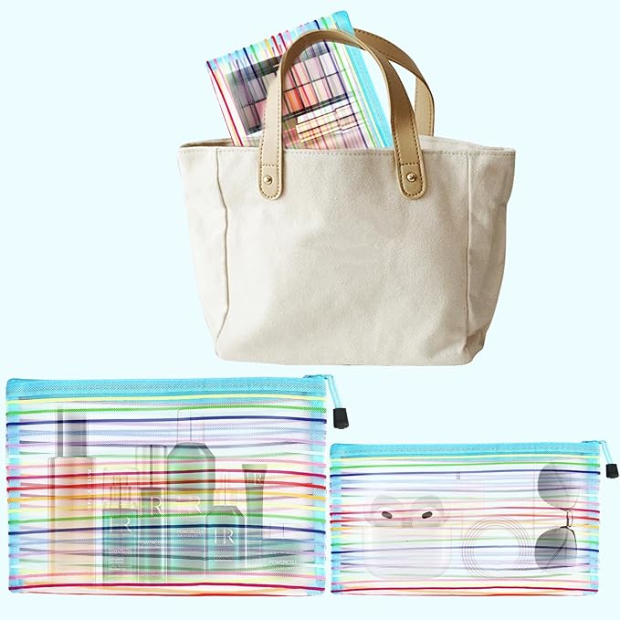 CarryEpic Mesh Bags with Zipper (6 Pack), Nylon Makeup Bag Cosmetic Pouches Travel Organizer Case for Purse Diaper Bag Home Organizing Striped Multi Size Blue