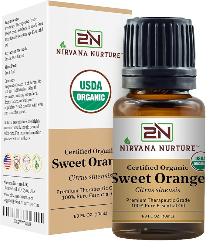 Nirvana Nurture Sweet Orange Essential Oil, USDA Certified Organic, 100% Pure Undiluted, Aromatherapy Oil for Diffuser, Hair & Skin Care