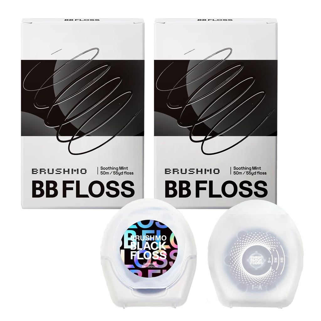 Brushmo Black Floss (BBFloss) - Expanding Floss, Gum-Friendly Soothing Mint Dental Floss, Natural Vegan Wax to Remove Plaque from Teeth, Dentist Designed PTFE & PFAS Free Oral Care, 2 Spools, 110 yd