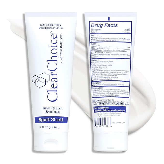 ClearChoice Sport Shield SPF 45 Travel Size – Mineral Sunscreen & Moisturizer for Face | Zinc Oxide, No White Cast, Water Resistant 80 Min | Non-Comedogenic | Dermatologist Recommended | 2 oz / 60 ml