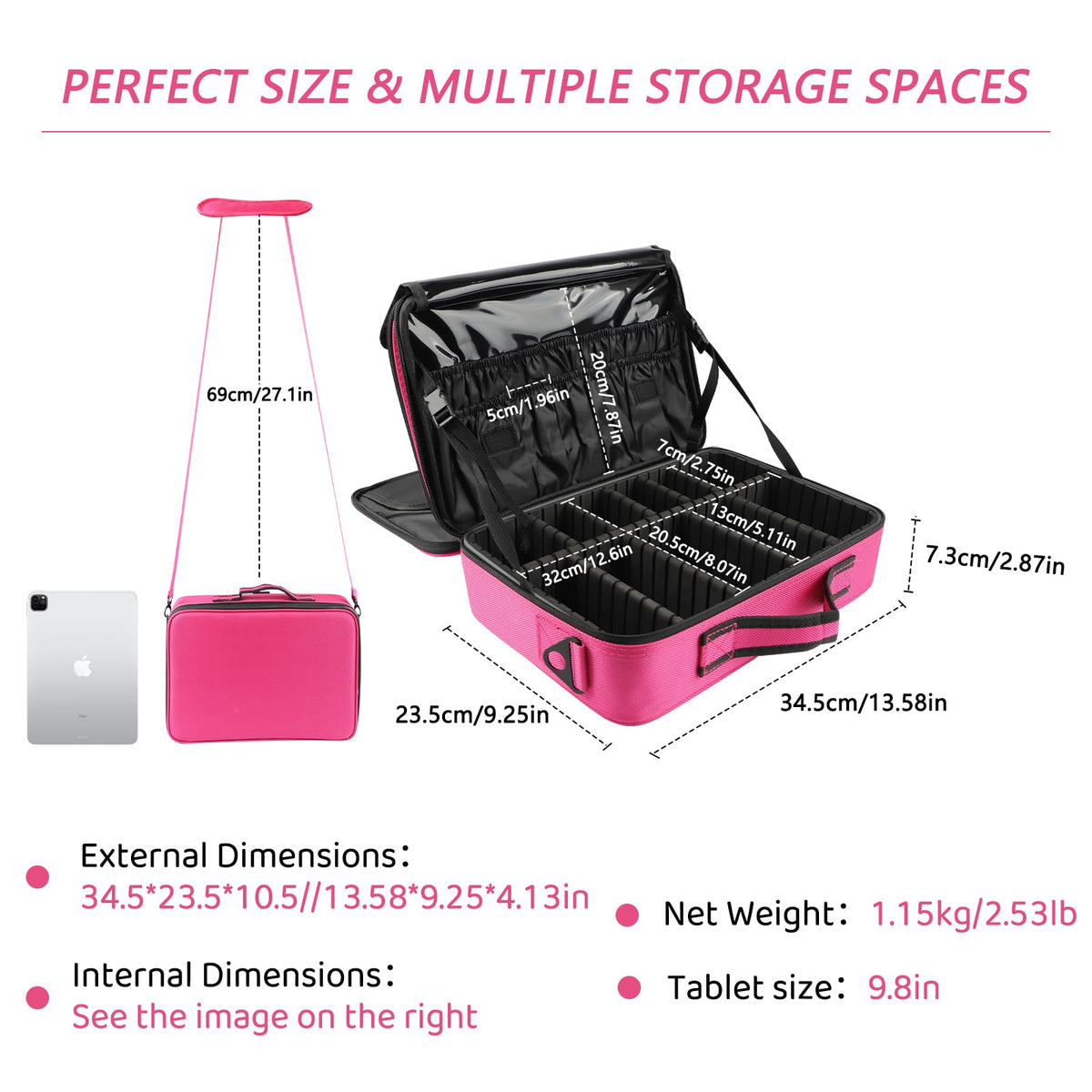 gzcz Travel Makeup Bag,Professional Cosmetic Bags for Women,Portable Makeup Brush Case Organizer Storage with Adjustable Dividers and Shoulder Strap (Medium)