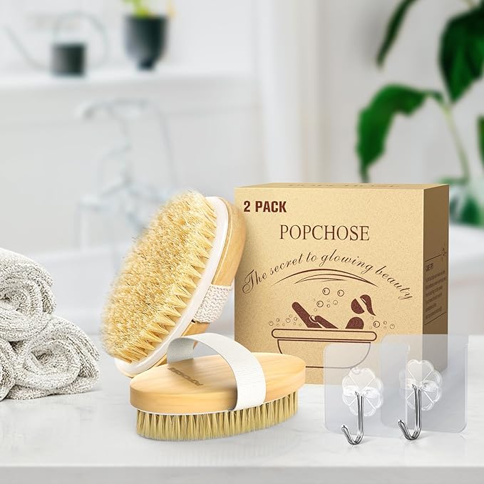 POPCHOSE Dry Brushing Body Brush, Natural Bristle Exfoliating Brush