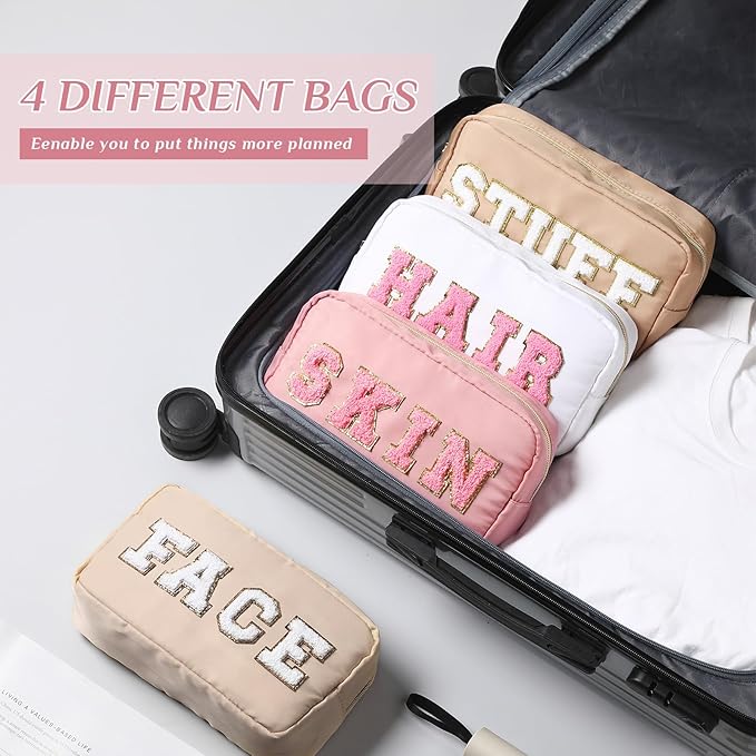 Remerry 4 Pcs Nylon Makeup Bags Waterproof Spacious Travel Cosmetic Bag for Women Chenille Letter Preppy Zipper Pouch Face Stuff Skin Hair Organizer Gift(Light Brown, Beige, Light Pink, White)