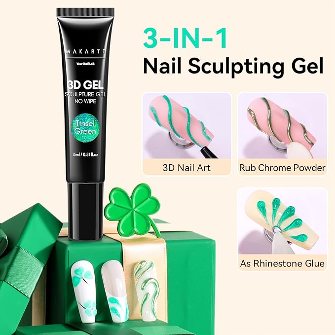 Makartt 3D Nail Gel, 15g Tinsel Green Sculpting Gel Glue for Drawing