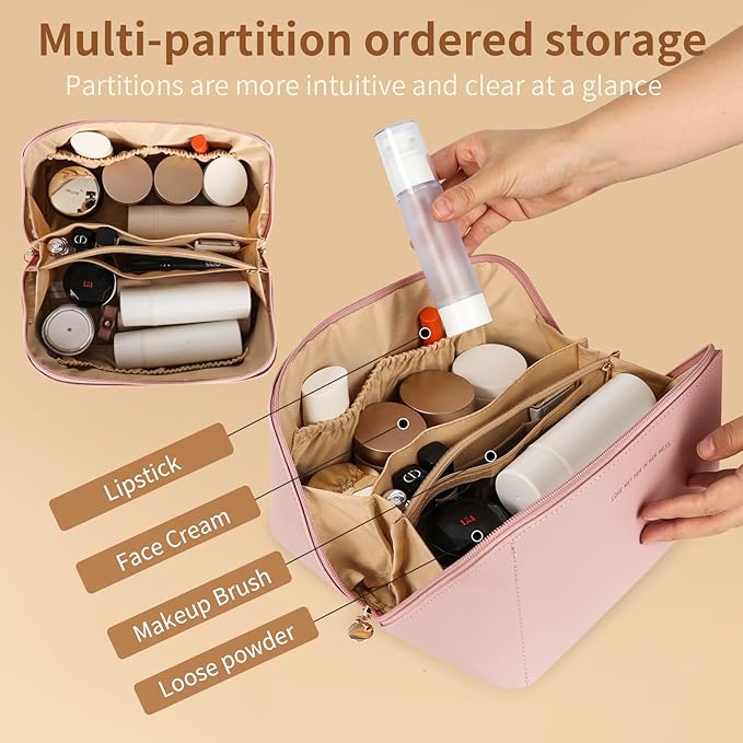 zaleeta Travel Makeup Bag, Large Capacity Cosmetic Organizer Bags for Women, Waterproof PU Leather Toiletry Bags, Wide Open Flat Makeup Case with Divider and Handle