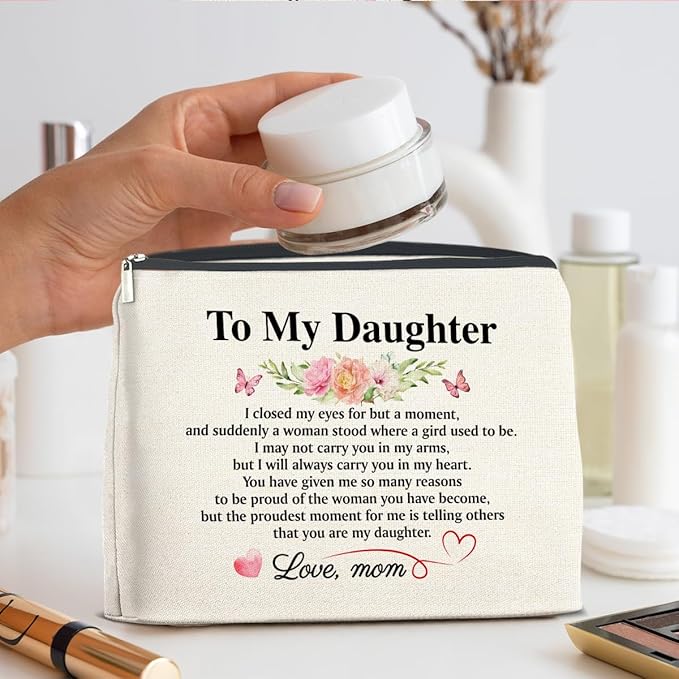 to My Daughter Makeup Bag Gifts from Mom, Gifts for Daughter Christmas Birthday, Daughters Cosmetic Bag Zipper Makeup Pouch