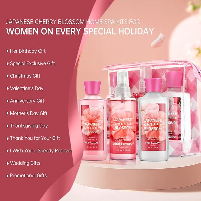 Self Care Gift Set for Women - 3PC Japanese Cherry Blossom Spa Travel Set with Shower Gel, Lotion & Body Mist - Luxury Bath Gift Set for Mother's Day, Birthday, or Anniversary