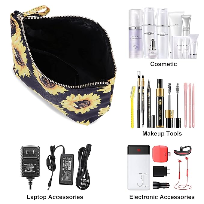 HAWEE Cosmetic Bag for Women Make up Storage Pouch Case Portable Zipper Travel Accessories Organizer for Toiletry Water Repellent, Sunflower