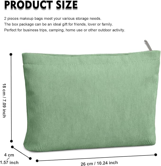 FITDON 2PCS Cosmetic Bags for Women Makeup Bag for Purse Small Corduroy Makeup Pouch Travel Make Up Bag with Zipper Toiletry Bag Organizer, Lightgreen