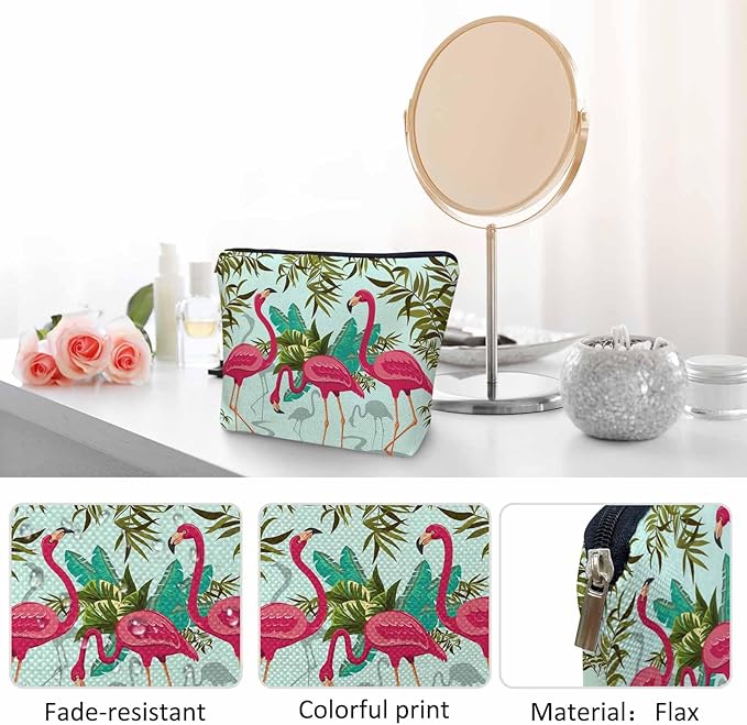 Kalygon Women Makeup Organizer Bag Flamingo Exotic Flamingo Tropical Palms Flax Cosmetic Bag Makeup Bags Toiletry Bag Accessories Organizer Travel Bags For Home Bathroom Office Hotel Gym Pink Green