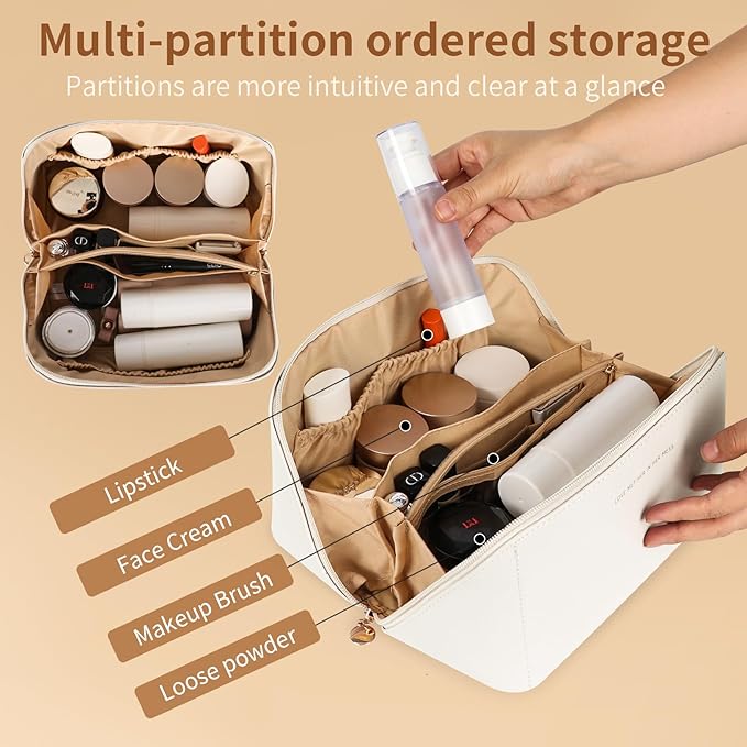 zaleeta Travel Makeup Bag, Large Capacity Cosmetic Organizer Bags for Women, Waterproof PU Leather Toiletry Bags, Wide Open Flat Makeup Case with Divider and Handle