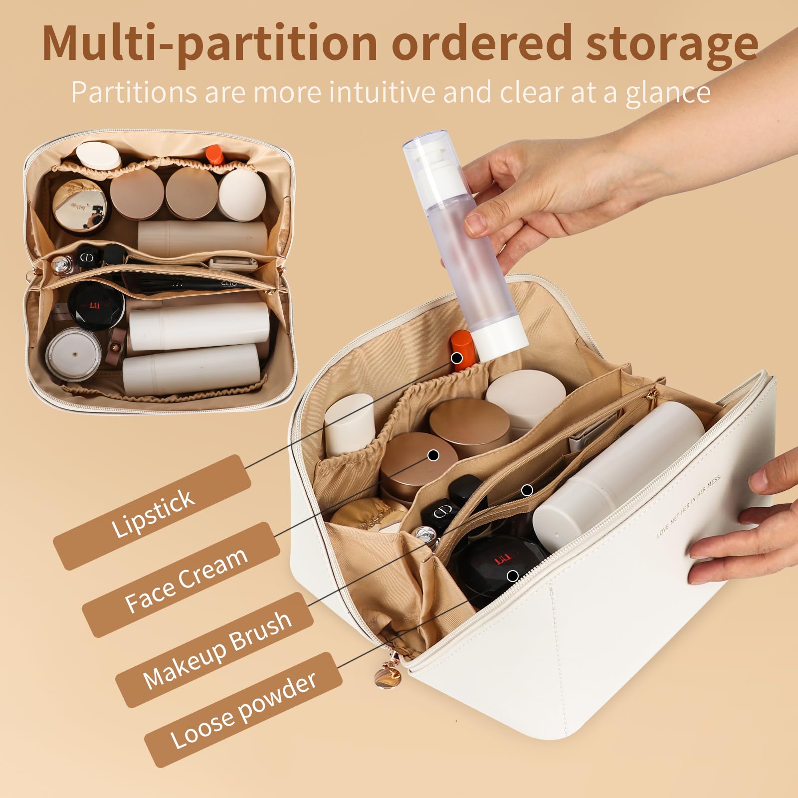 zaleeta Travel Makeup Bag, Large Capacity Cosmetic Organizer Bags for Women, Waterproof PU Leather Toiletry Bags, Wide Open Flat Makeup Case with Divider and Handle