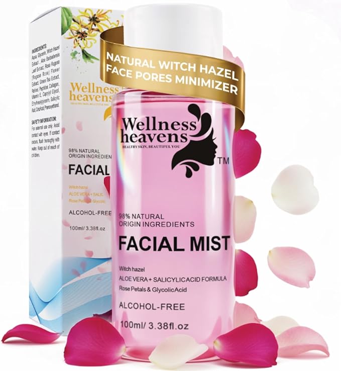 Wellness Heavens Hydrating Korean Facial Toner with Witch Hazel, Aloe Vera & Glycolic Acid – Alcohol Free Face Mist for Dry & Sensitive Skin, Pore Minimizing Daily Toner for Glowing Skin - 100ml