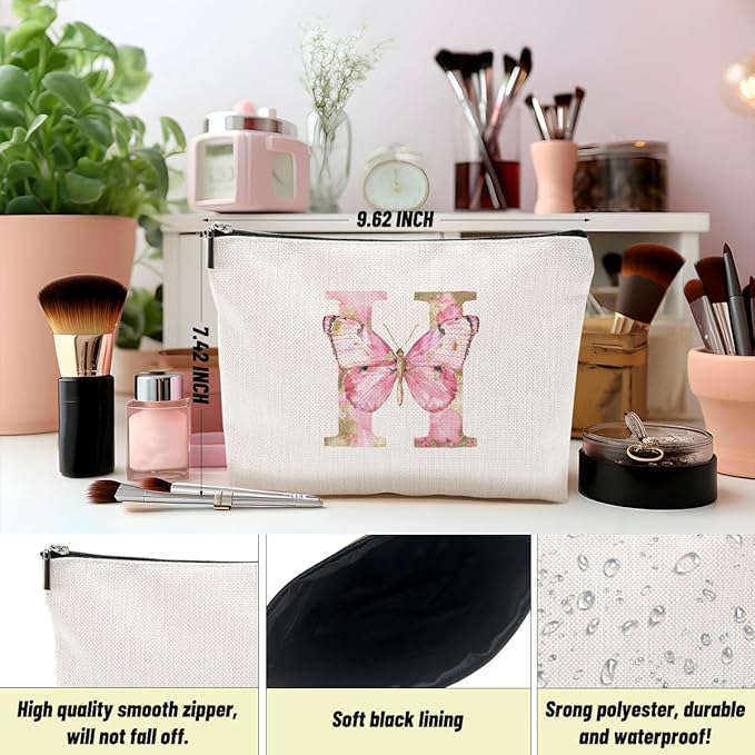 Initial Makeup Bag Pink Butterfly H Personalized Cosmetic Bag Monogrammed Gifts for Women Girls Bride Mom Monogram Zipper Pouch for Friendship Mothers Day Birthday Wedding Bridal Shower Gifts