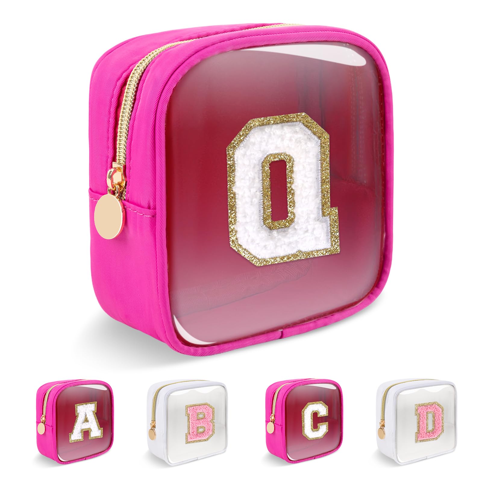 Personalized Initial Letter Clear Preppy Makeup Bag,Mini Nylon Chenille Letter Cosmetic Bag Cute Zipper Pouch Coin Purse for Teen Girls,Portable TSA Approved Travel Essentials Bag Gift for Women,Q