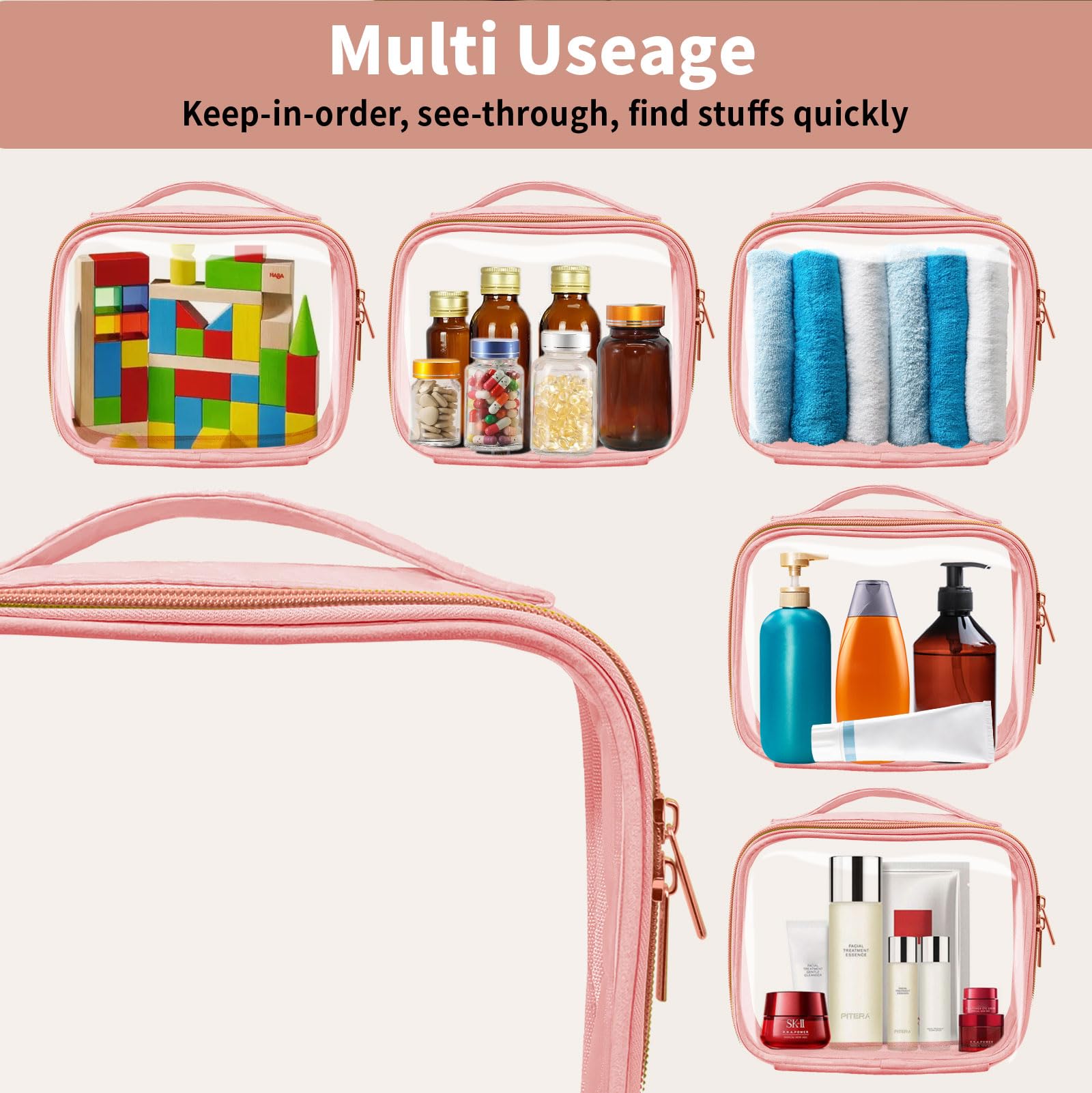 FAYORORY Travel Toiletry Bag,2 Pack Clear Makeup Bags with Handles,180°Opening Clear Cosmetic Bags for Traveling Women,Men,Travel Essentials,Pink