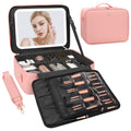 Chomeiu Makeup Bag with LED Mirror, Large Train Case for Makeup Artists, 16.2 inches Travel Professional Cosmetic Organizer with Light Up Mirror, 3 Color Lights, Brush Holder & Shoulder Strap (Pink)
