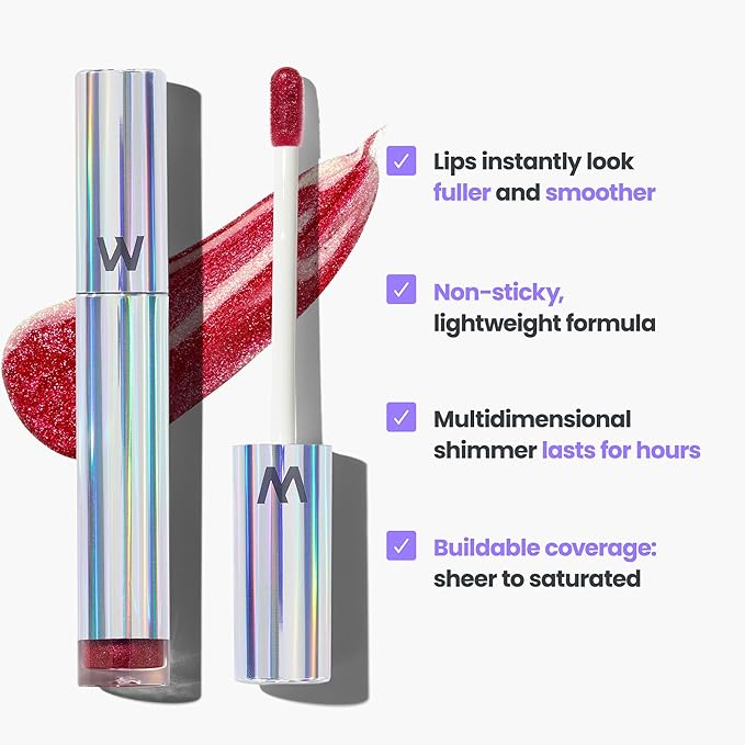 Wonderskin Lip Gloss – Wonder Blading Top Gloss, Hydrating High Shine Lip Makeup (Red Glitter)