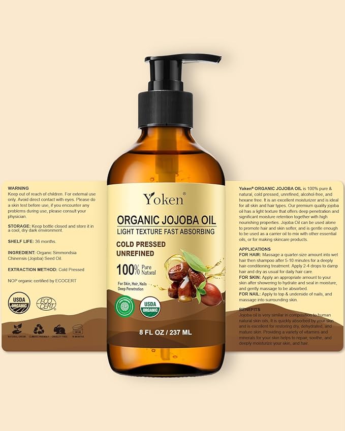 Yoken Organic Jojoba Oil in Glass Bottle 8oz, USDA Organic for Hair & Skin