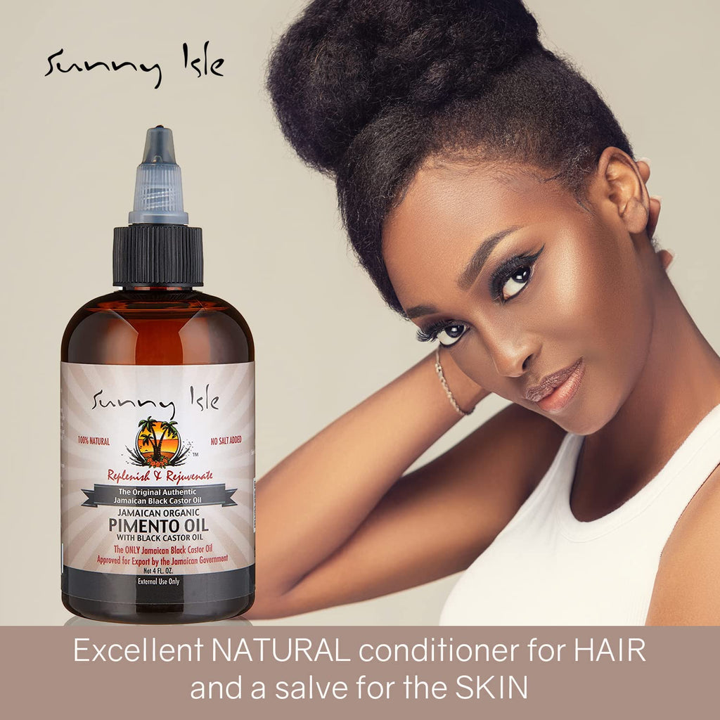 Sunny Isle Jamaican Organic Pimento Oil with Black Castor Oil 4oz | Formulated to Nourish the Scalp, Condition and Strengthen Hair | Traditional Body Rub for Muscle Pain